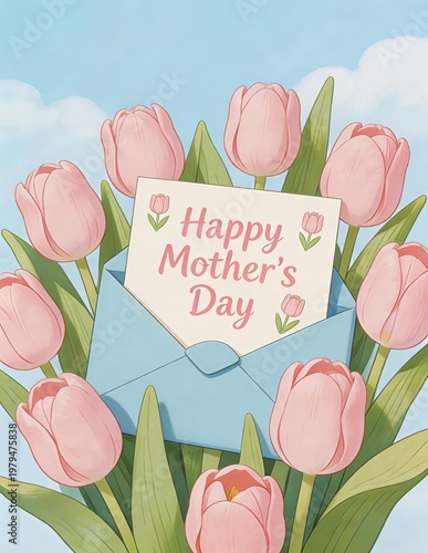 Illustration of blue envelope with 'Happy Mother's Day' card, surrounded by pink tulips, light blue sky with clouds background. Festive greeting for Mother's Day celebration.