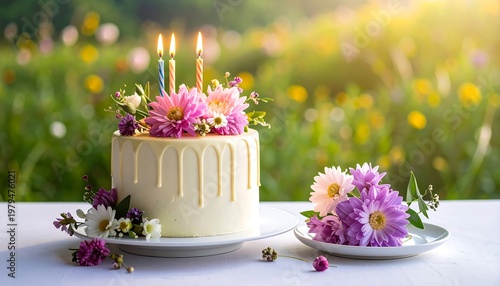 Birthday Cake with Flowers and Candles on a White Table.