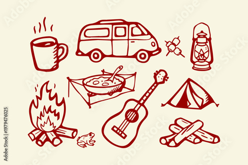 Campfire guitar van and tent doodle with skewers hand drawn camper van camping gear outdoor living road trip outdoors adventure recreation vacation illustration collection
