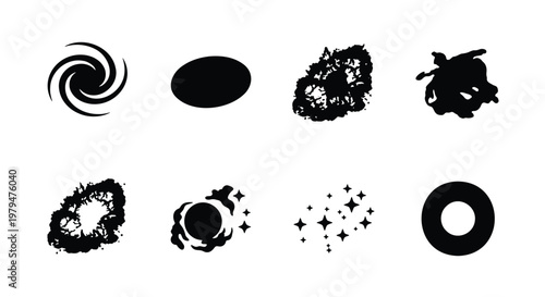 Black celestial space icons set, 8 vector galaxy and star silhouettes, minimalist cosmic shapes for astronomy design and sci-fi branding
