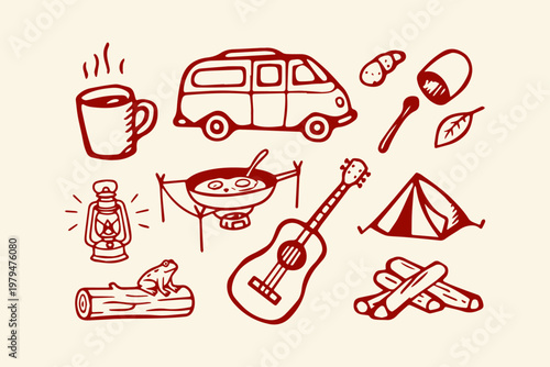 Camping adventure scene with lantern and frog doodle hand drawn camper van camping gear outdoor living road trip outdoors adventure recreation vacation illustration collection