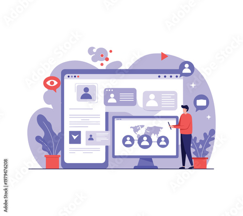 Man presenting on a large computer screen with social media profiles and a world map