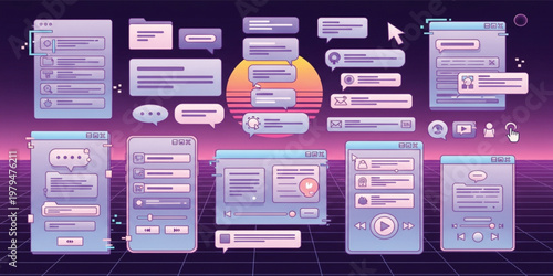 Futuristic UI UX Interface Elements Set with Chat Bubbles, Mobile App Screens, Widgets, and Neon Gradient Dashboard Components for Modern Digital Design Projects