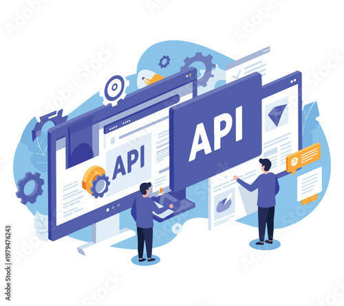 Men working with API application programming interface on large computer screens  technology concept