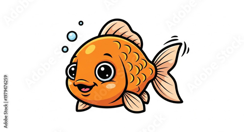 Cute cartoon goldfish swimming with bubbles.