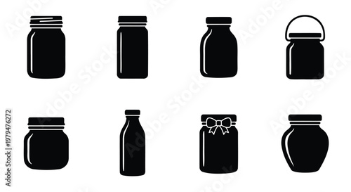 Minimalist glass jar silhouette icons, set of 8 black mason jar and bottle vectors, kitchen storage and food preservation container symbols