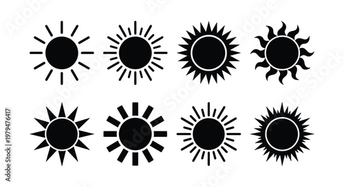 Minimalist sun icon set with 8 black vector silhouettes, geometric solar symbols for weather forecasting, modern sunburst graphic elements for web design