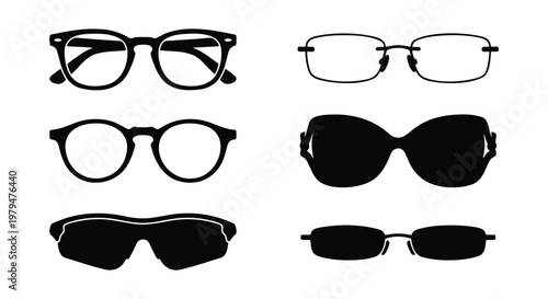 Black eyewear silhouettes collection, 6 vector glasses icons set, modern sunglasses and optical frames, minimalist fashion accessories for vision
