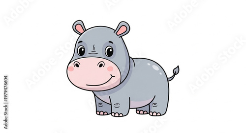 Cute cartoon hippopotamus standing on a white background.