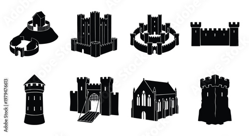Εκτύπωση καμβά Medieval castle silhouettes set, 8 historical fortress icons, black vector archi