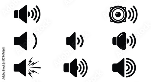 Minimalist speaker icon set, black volume control symbols, audio sound level vector elements for user interface design and multimedia apps