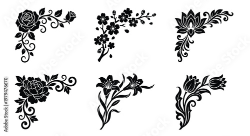 Vintage floral corner borders set, black silhouette flower frames with rose and lily, 6 decorative botanical vector elements for wedding invitations