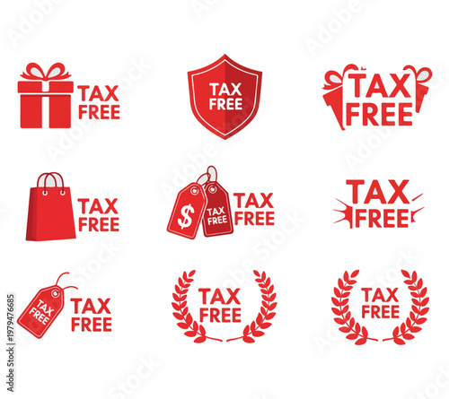 Tax free icons set with gift box and shopping bag