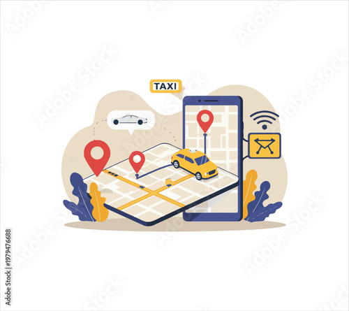 Smartphone with taxi map and location points on screen  transportation technology concept