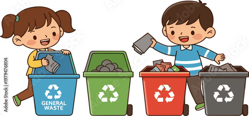 Kids Sorting Waste into Recycling and General Trash Bins Illustration for Environmental Education, Sustainability Awareness, and Eco Friendly Waste Management Concepts