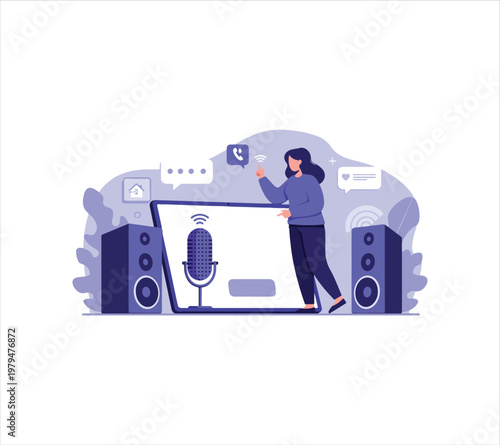 Woman interacting with large laptop computer and speakers on white background