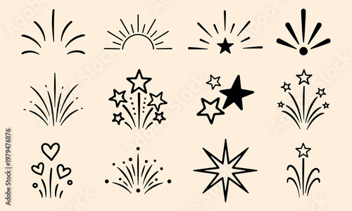 Festive Starburst and Firework Clipart Hand Drawn Celebration Icons