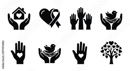Charity and donation icon set, 8 black vector elements for non-profit organizations, volunteer community symbols with hands and hearts