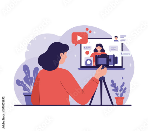 Woman recording video on laptop with camera and tripod in front of plants