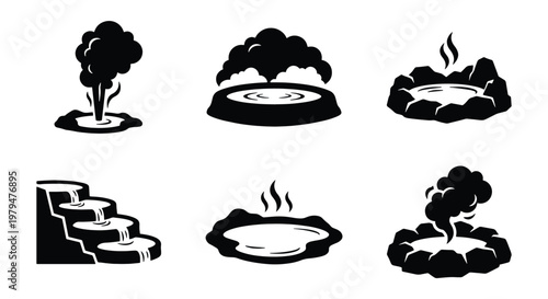 Geothermal geyser and hot spring icons, 6 black vector elements of volcanic thermal activity, steaming mineral pools and erupting water fountains