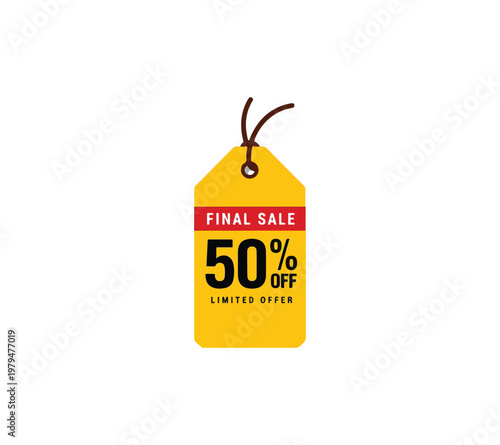 Yellow tag with 50 percent off final sale limited offer discount