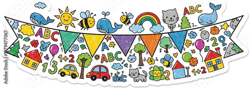 Colorful educational banner featuring learning elements and playful illustrations