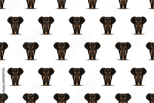 An elephant in black and brown, offset seamless pattern, silhouette, vector.