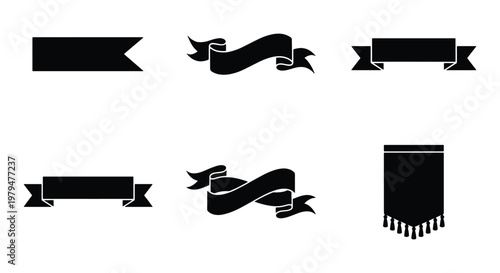 Vintage black ribbon banners set, 6 decorative scroll vector elements, classic heraldic flag and pennant silhouettes for graphic design