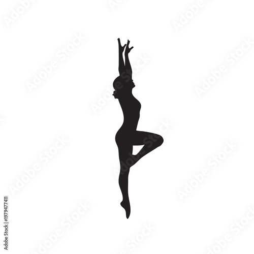 Graceful ballet dancer silhouette, elegant female gymnast performing artistic pose, black vector illustration of woman in motion for dance studio logo