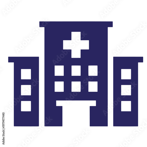 Dark blue flat of a hospital building with a central medical cross symbol and square windows on a white background, representing a healthcare facility or medical center