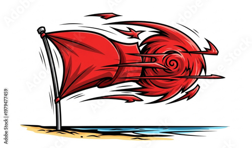 Konstfotografi Dramatic red flag hurricane warning vector beach storm concept coastal danger is