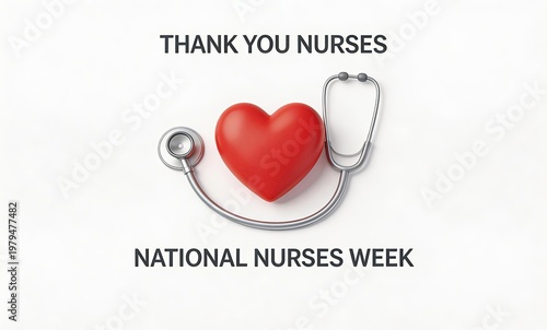 National Nurses Week greeting featuring a red heart and stethoscope with 'Thank You Nurses' text, celebrating nursing professionals' dedication and care in healthcare.