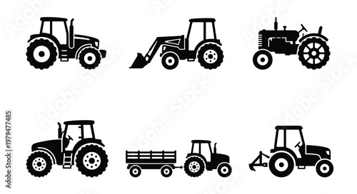 Black tractor silhouette icons set, 6 agricultural farm machinery vectors, industrial farming equipment and heavy tractor vehicle illustrations