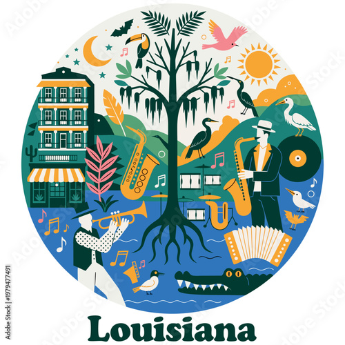 Louisiana Cultural Illustration with Jazz Musicians, Bayou Wildlife, and French Quarter Architecture in Circular Flat Vector Design