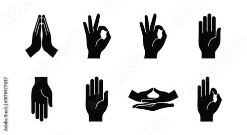 Black silhouette hand gestures set, 8 spiritual mudra icons for yoga and meditation, zen prayer and healing energy hand signs vector