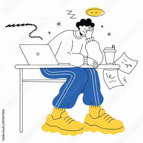 Feeling Lazy at Work Tired Office Worker Low Productivity Outline Vector Illustration