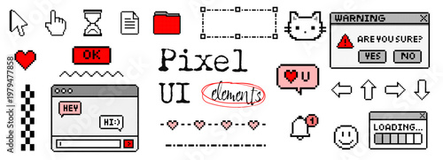 Pixel ui elements set with cursor icons chat windows hearts and retro red interface design