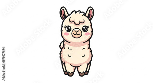 Cute cartoon llama standing on white background.