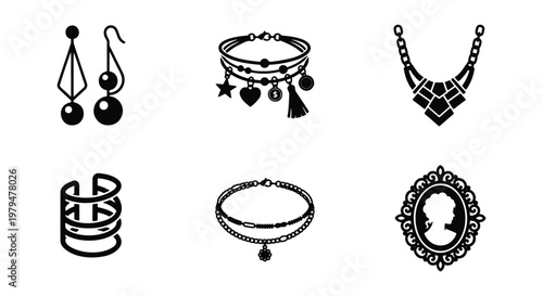 Minimalist jewelry icon set, black fashion accessories vector collection, elegant earrings and necklace symbols, 6 luxury jewelry line icons
