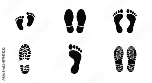 Black footprint silhouettes set, human barefoot prints and shoe sole tracks, 6 vector icons of boot marks and feet trails for forensic or travel design