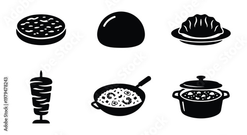 Black food icon set with 6 vector elements, minimalist restaurant menu symbols, culinary dish silhouettes for catering and kitchen apps