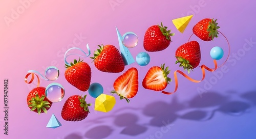 A vibrant and colorful illustration of strawberries and candies floating in mid-air
