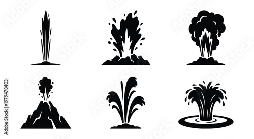 Volcano eruption and geyser icons set, black silhouette of volcanic explosion and water fountain, 6 natural disaster and geothermal energy vector elements