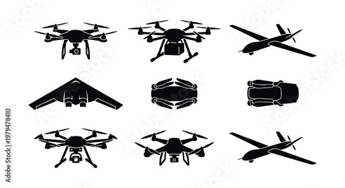 Unmanned aerial vehicle drone silhouettes, set of 9 aircraft icons, military and civilian uav vector elements, remote control flight technology