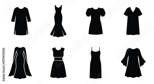 Minimalist black dress silhouettes, set of 8 female fashion garment icons, elegant evening gown and cocktail dress vector collection for retail design