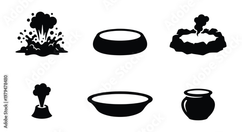 Geothermal activity and volcanic icons set, black silhouette geyser and hot spring symbols, 6 vector elements for geological maps and nature infographics