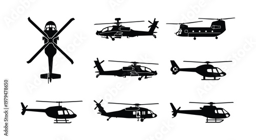 Military helicopter silhouette set, black aircraft vector icons, collection of 8 attack and transport choppers for aviation design