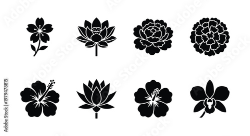 Japanese floral icons set, 8 black flower silhouettes including cherry blossom and lotus, minimalist botanical vector elements for logo design