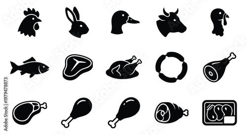 Butcher shop meat icons set, black silhouette farm animal heads and raw protein products, 15 vector elements for grocery and restaurant menus
