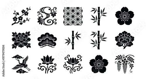 Quadro su tela Traditional Japanese Kamon symbols set, 15 black floral and nature icons, orient